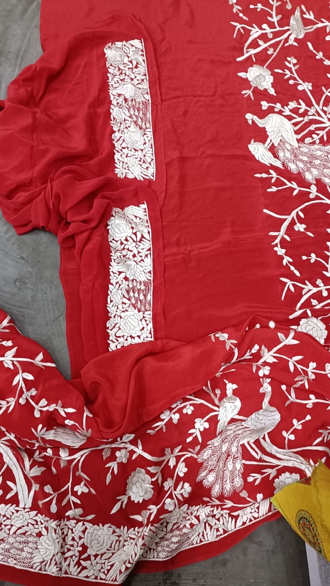 Red Bold Parsi Gara Saree Crepe Saree Indian Sari