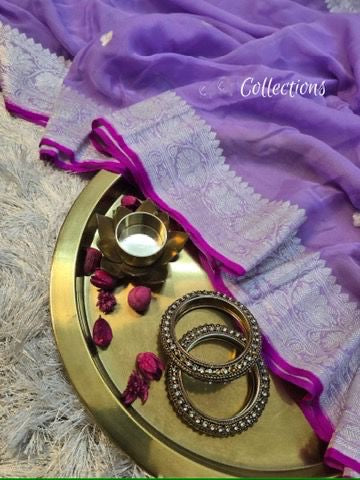 Lavender Banarsi saree chiffon saree Khaddi gorgette chiffon sari blouse