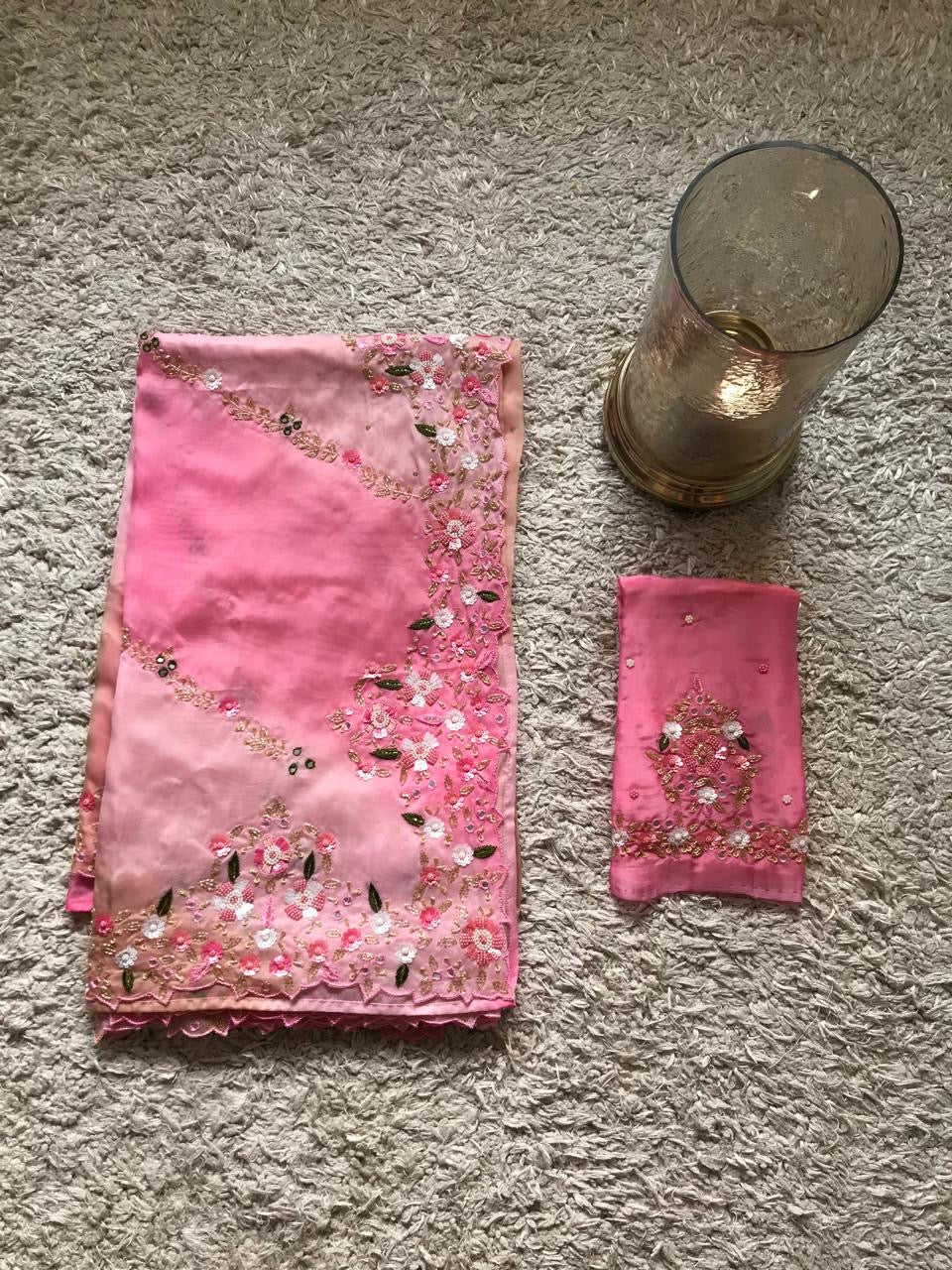 Premium ombre satin organza silk saree women sari blouse