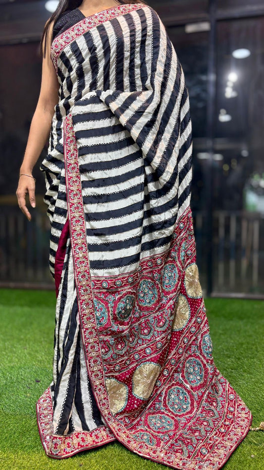 Ajrakh saree hand embroidery saree beautiful sari blouse