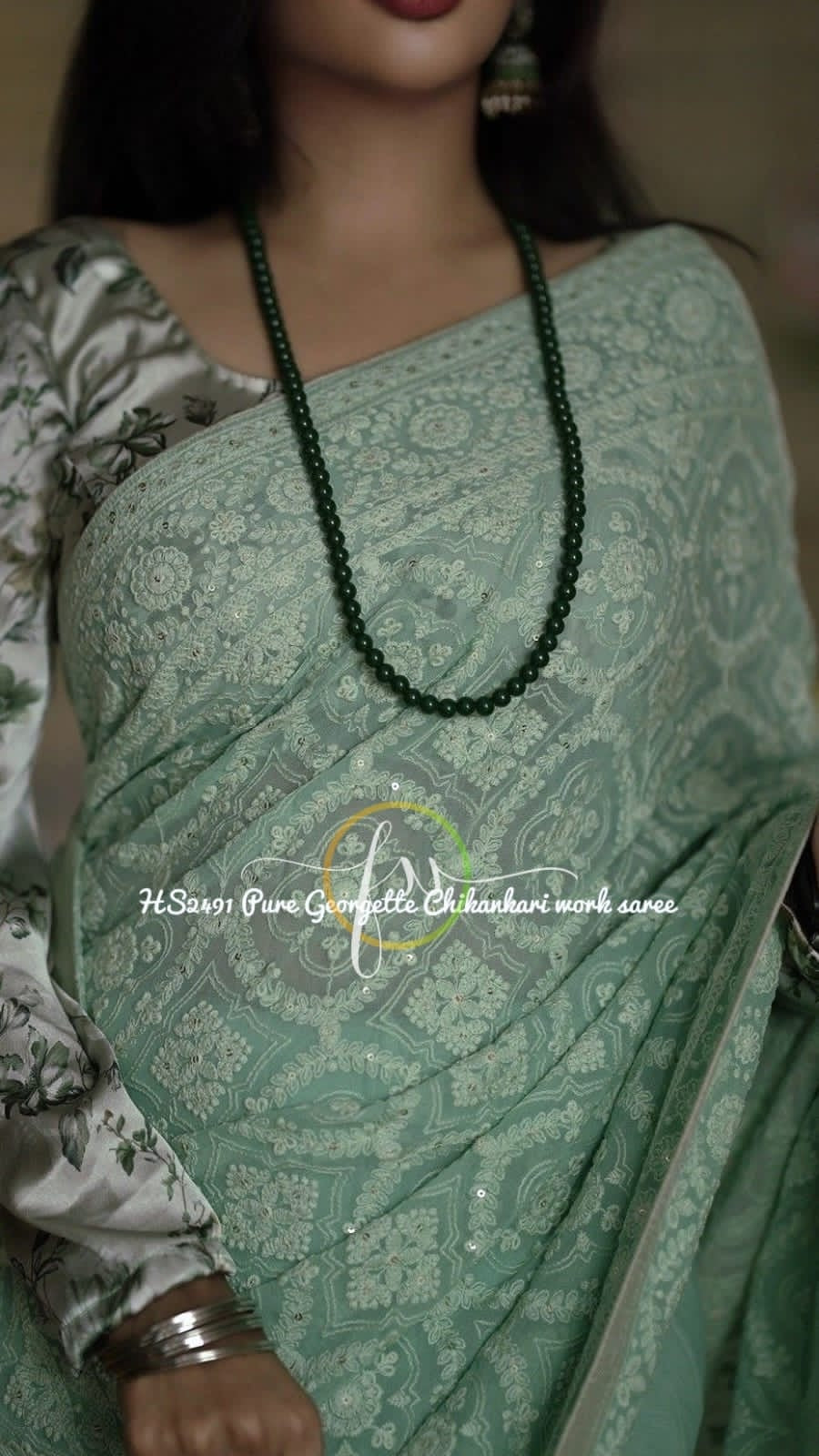 Green Chikankari Gorgette Saree Indian Sarees