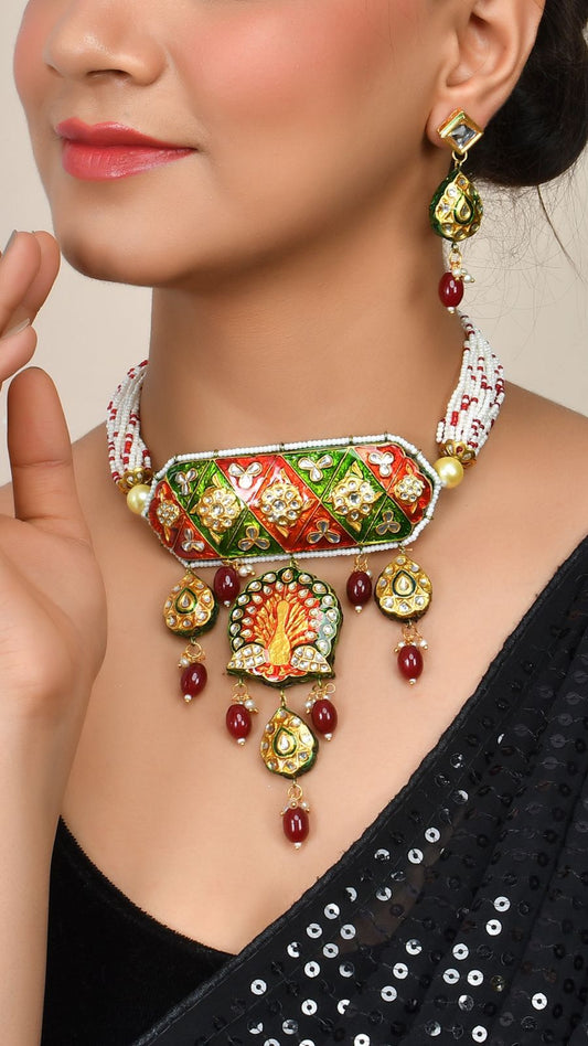 Peacock inspired Meenakari Choker Set