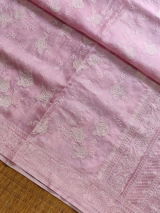 Tussar Chikankari Embroidery Kora Silk Saree