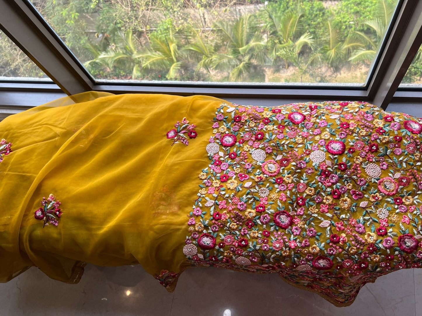 Yellow organza saree French knot saree Indian sari blouse