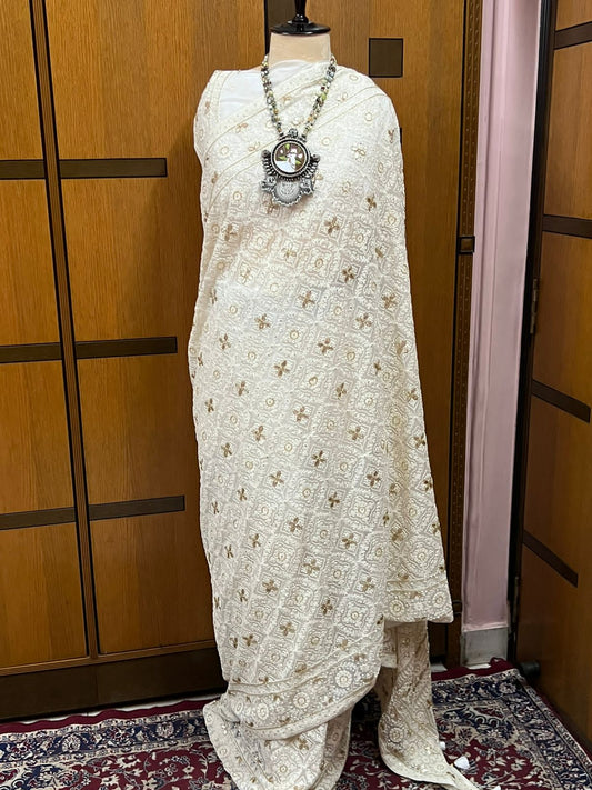 White Chikankari Gottapatti saree Gorgette Saree