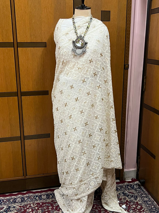 White Chikankari Gottapatti saree Gorgette Saree