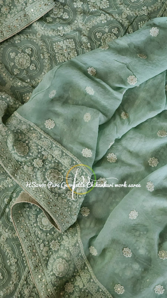 Green Chikankari Gorgette Saree Indian Sarees