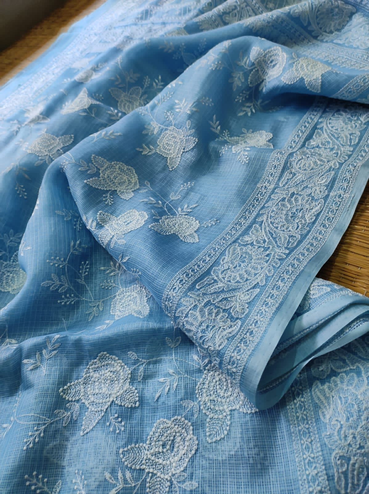 Tussar Chikankari Embroidery Kora Silk Saree