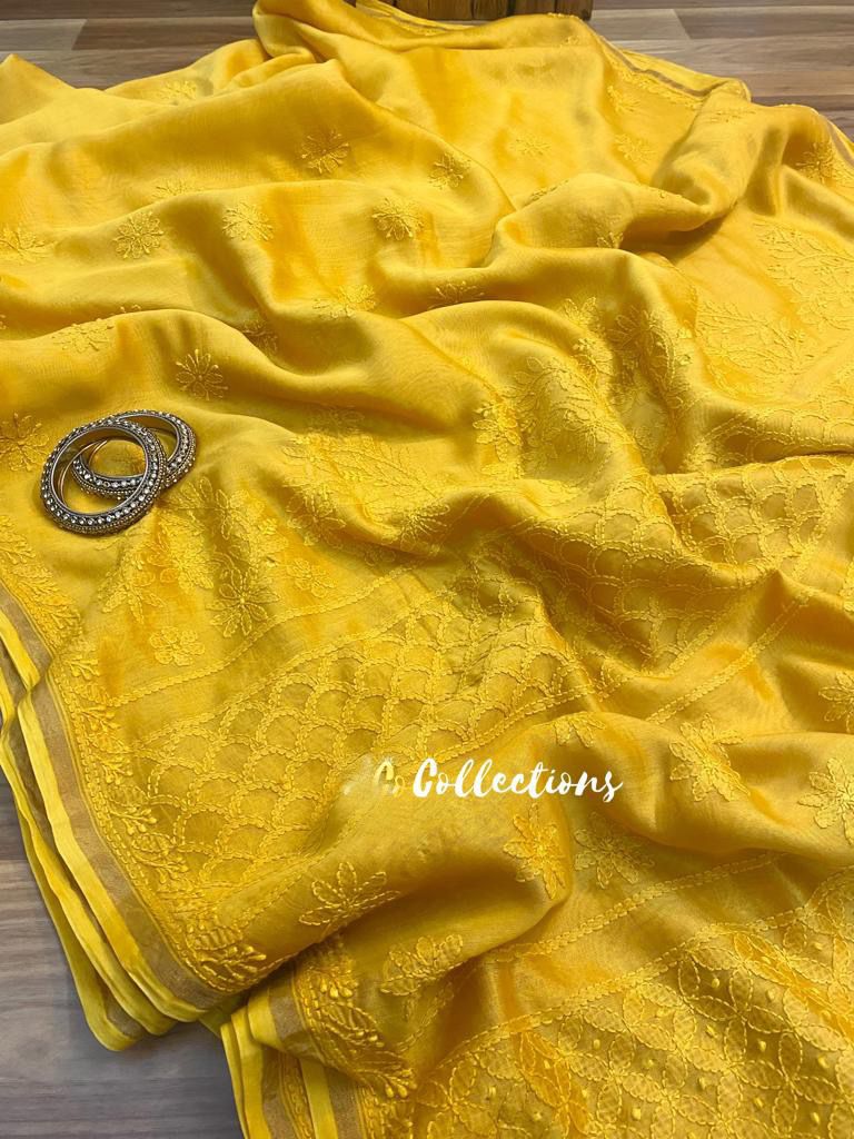Lemon Chanderi chikankari handwoven saree