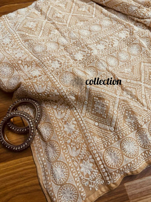 Norah gorgette Chikankari saree