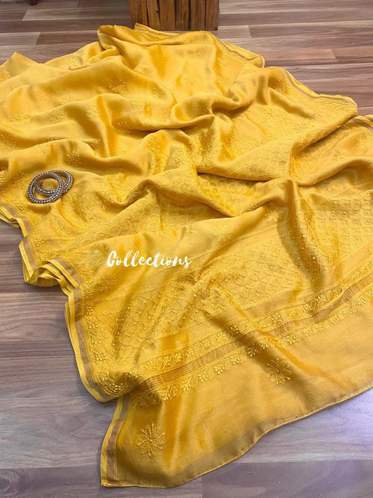 Lemon Chanderi chikankari handwoven saree