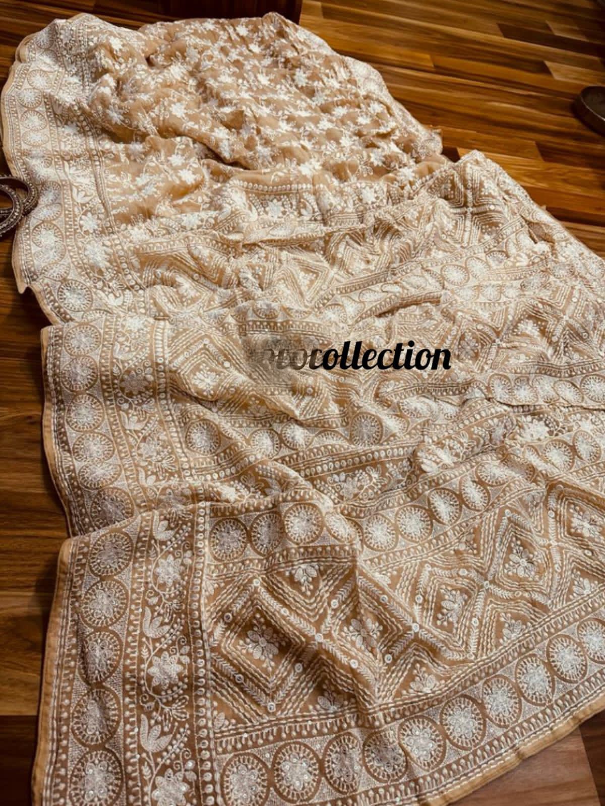 Norah gorgette Chikankari saree