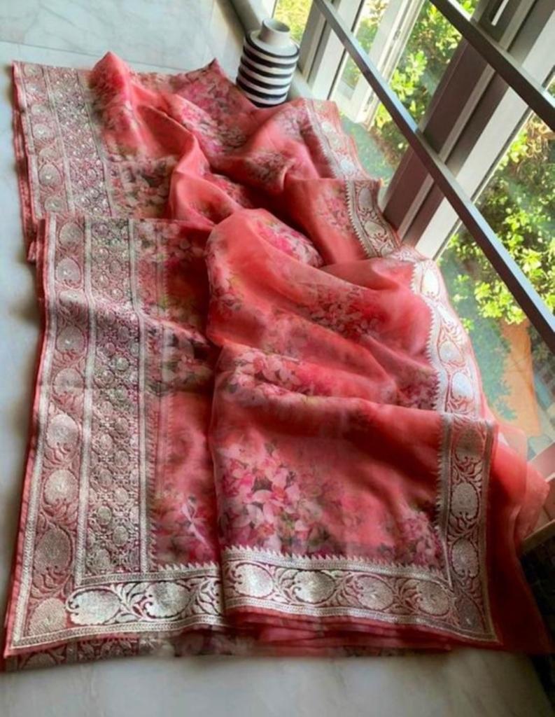 Peach floral organza saree