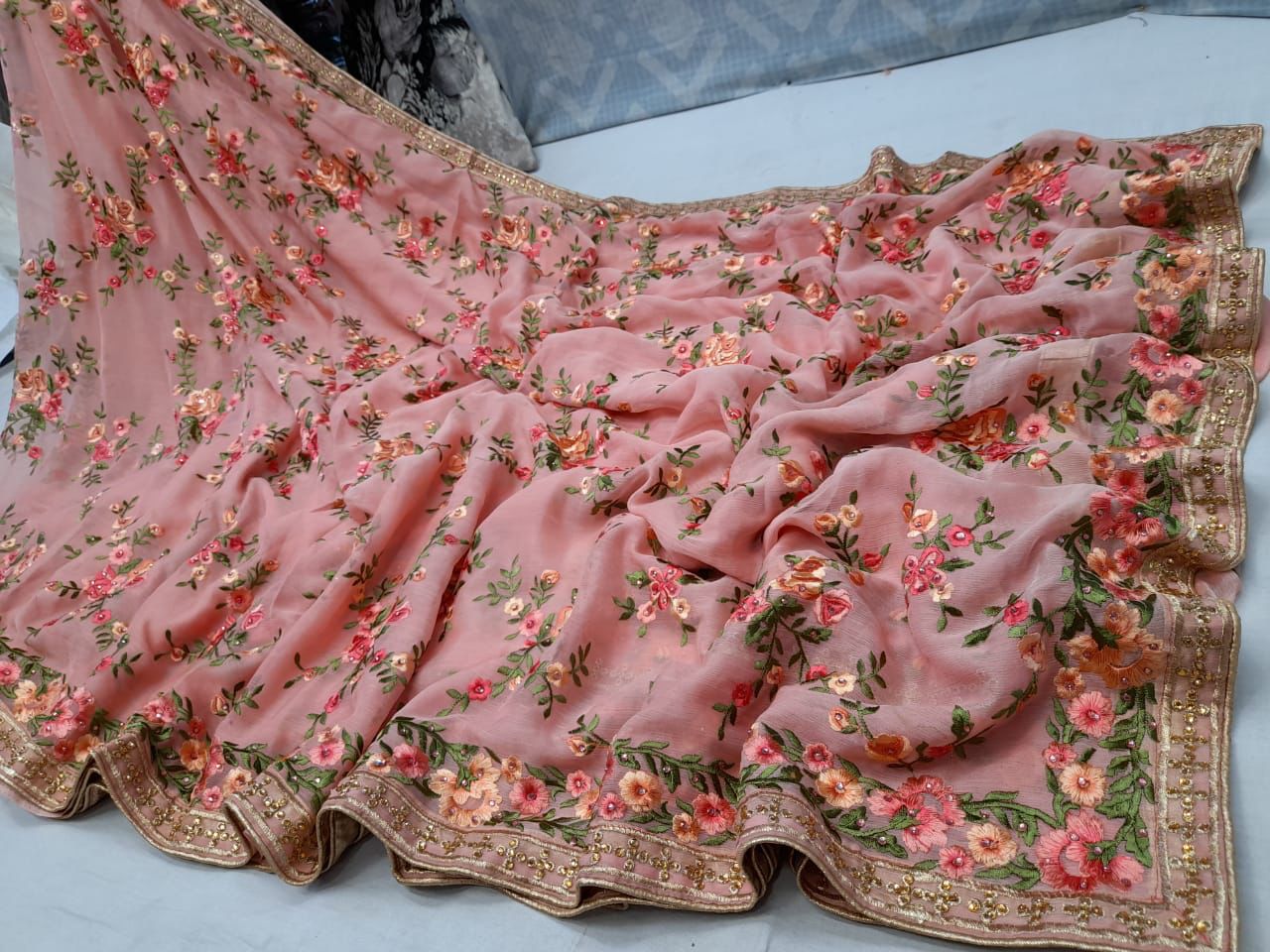 Misha chikankari gorgette saree
