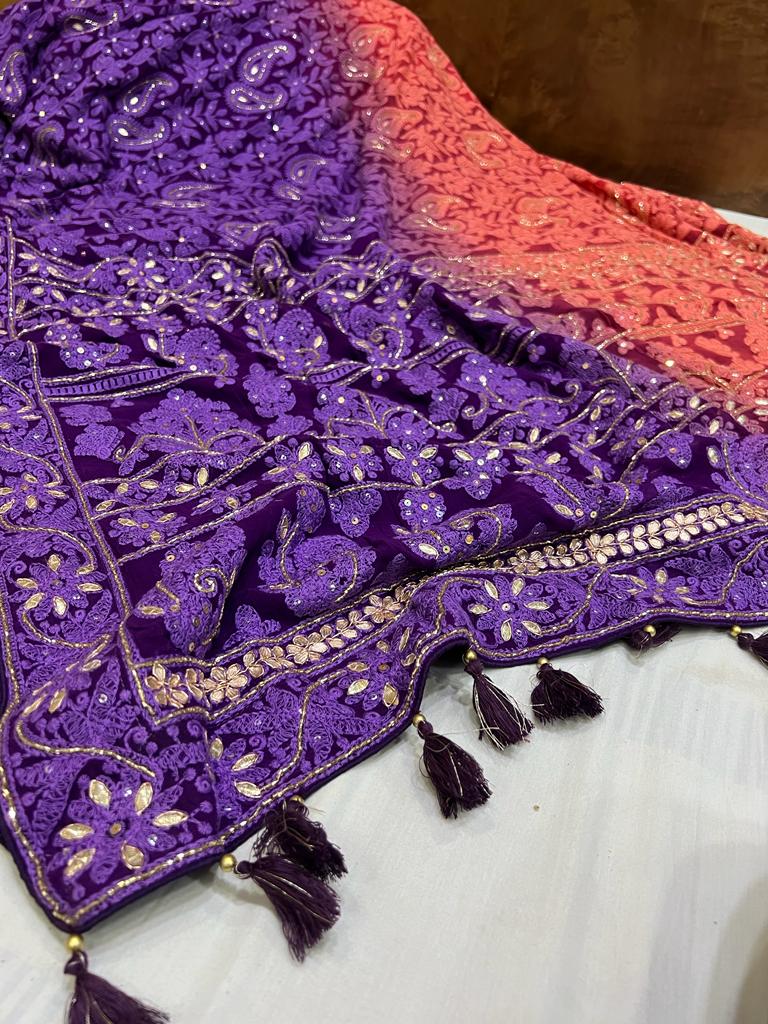 Dyed chikankari gorgette saree