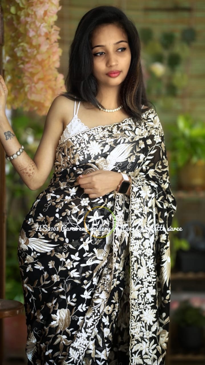 Black Parsi gorgette sari