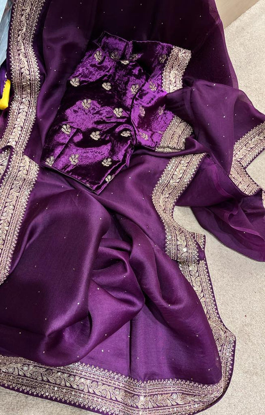 Velvet zardosi organza saree