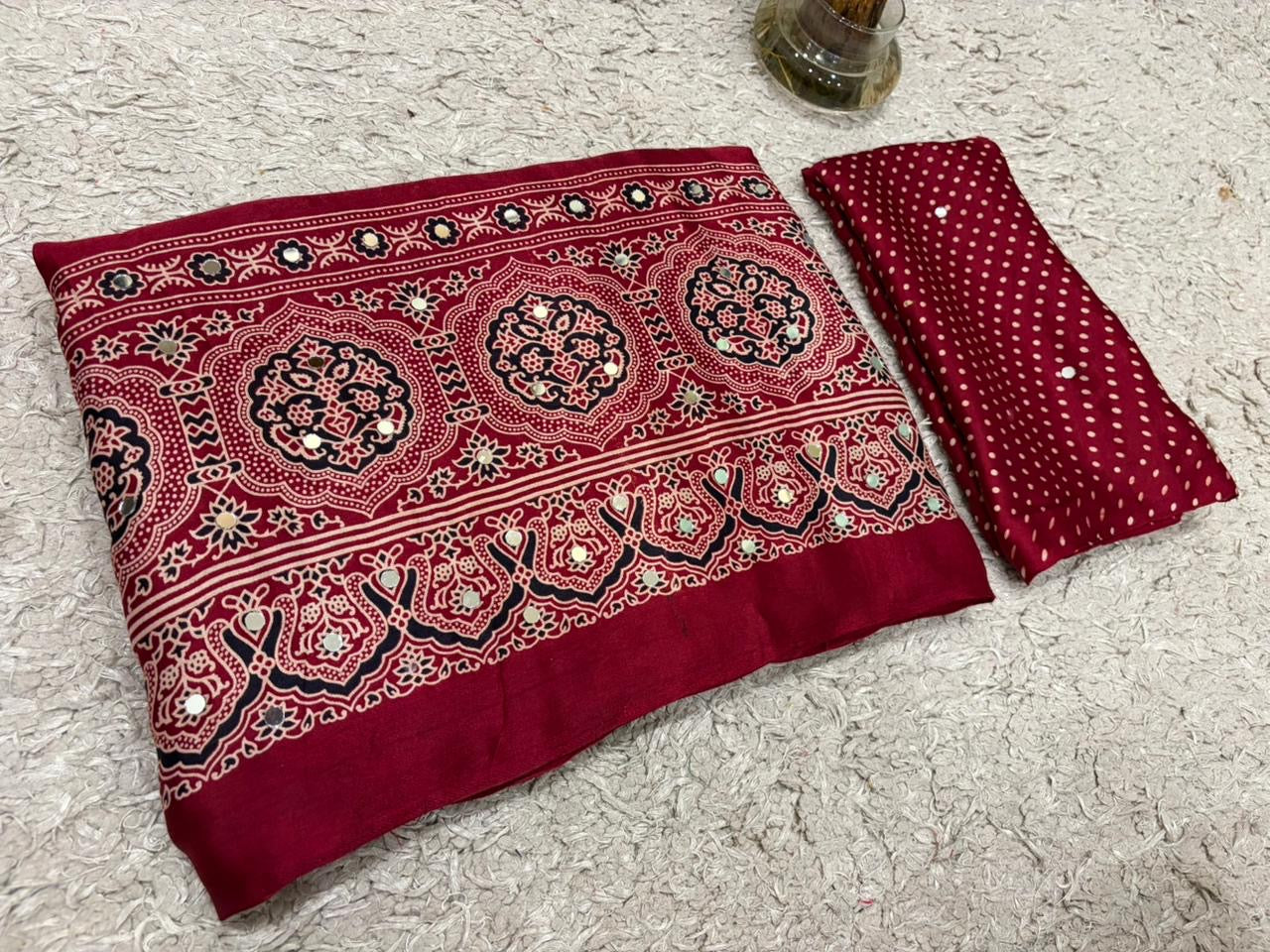 Maroon ajrakh saree Indian sari blouse traditional sarees women clothing