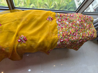 Yellow organza saree French knot saree Indian sari blouse