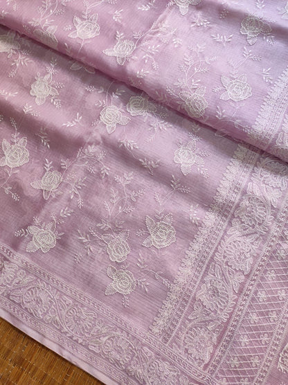 Tussar Chikankari Embroidery Kora Silk Saree
