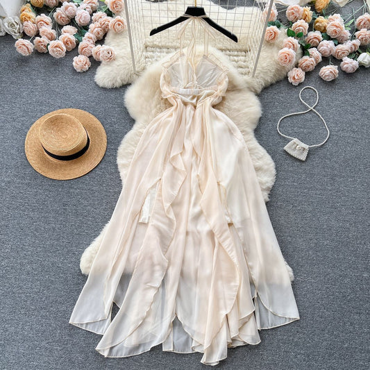 Seaside Vacation Style Sling Irregular Dress