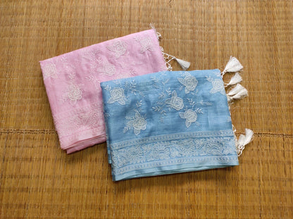 Tussar Chikankari Embroidery Kora Silk Saree