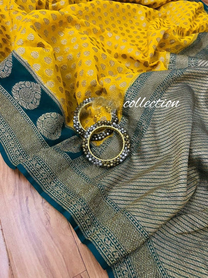 Yellow Banarsi khaddi gorgette sarees Indian saree