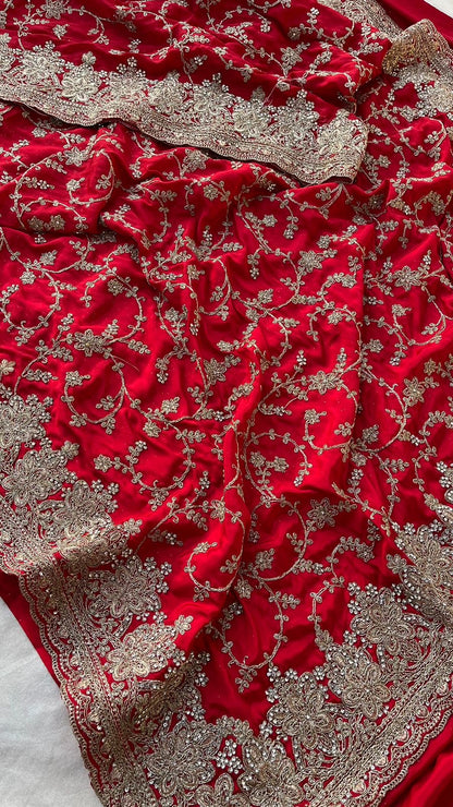 Red Bridal Crepe Embroidered Sarees