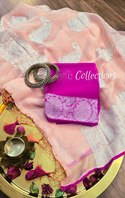 Peach banarsi chiffon saree handwoven sari blouse