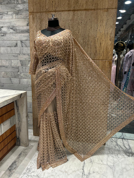 Gold net saree designer sarees blouse designer sari