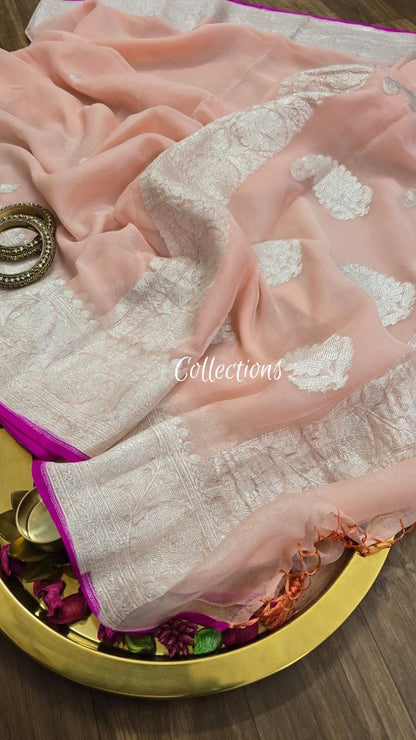 Peach banarsi chiffon saree handwoven sari blouse