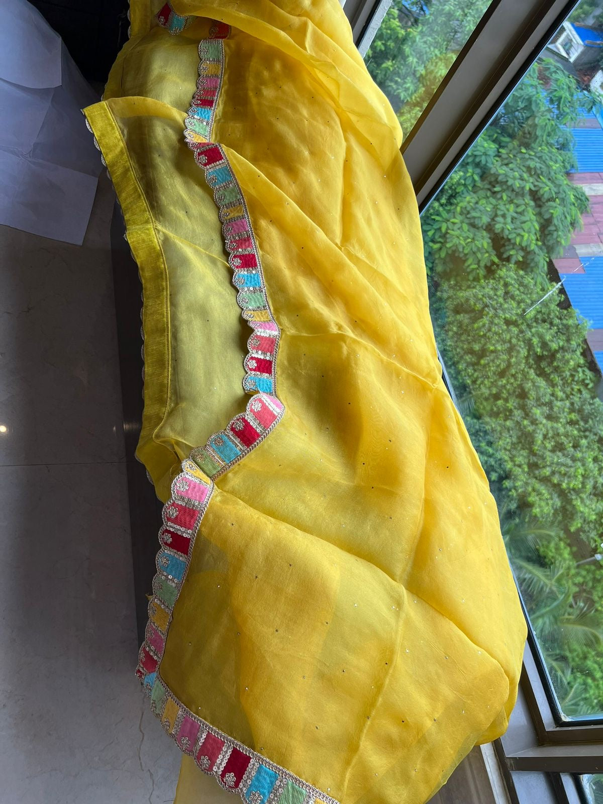 Yellow elegant organza saree bordered saree