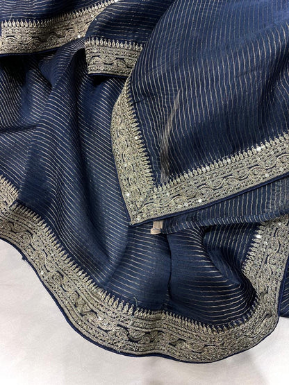 Ajrakh inspired Organza saree Striped Saree Partywear Sari