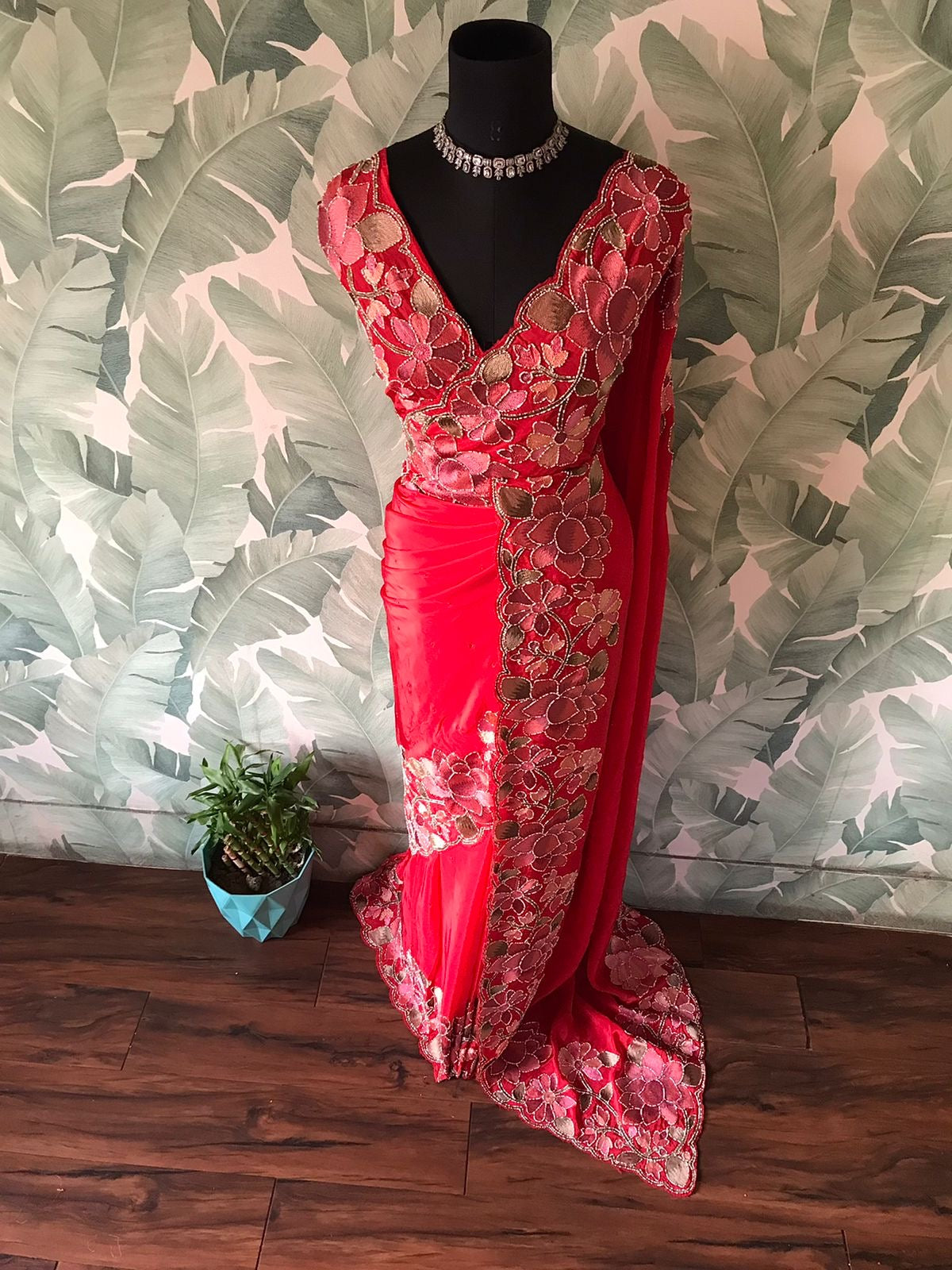 Red premium saree organza saree floral sari blouse women sarees