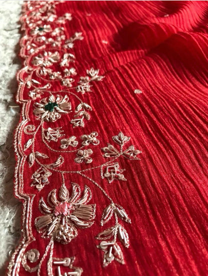 Rosila red crushed saree chinon saree Indian partywear sari reception saree blouse