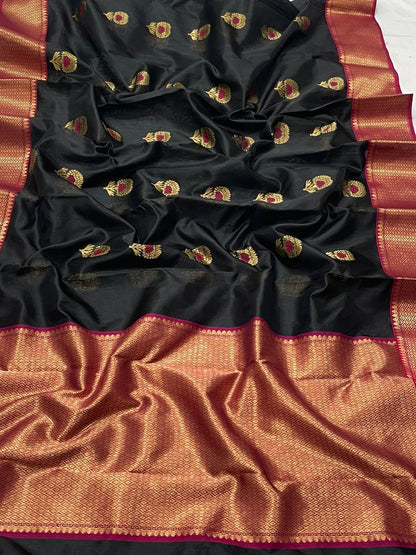 Black Chanderi Silk Saree Indian Saree