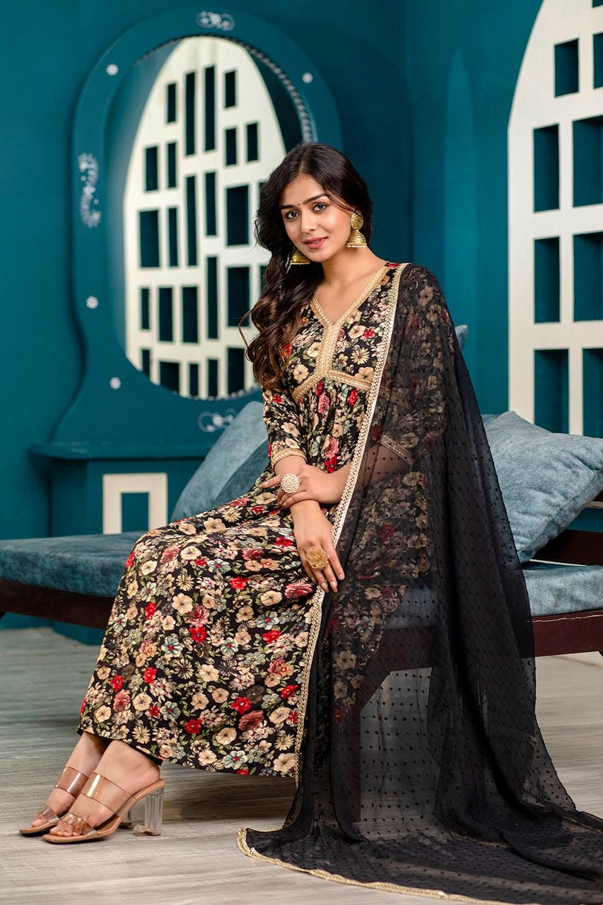 Varisha black floral Kurti Dupatta set