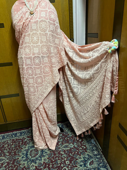 Peach Chikankari Georgette Sarees Indian Pakistani Traditional Sari