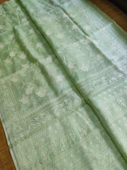 Tussar Chikankari Embroidery Kora Silk Saree