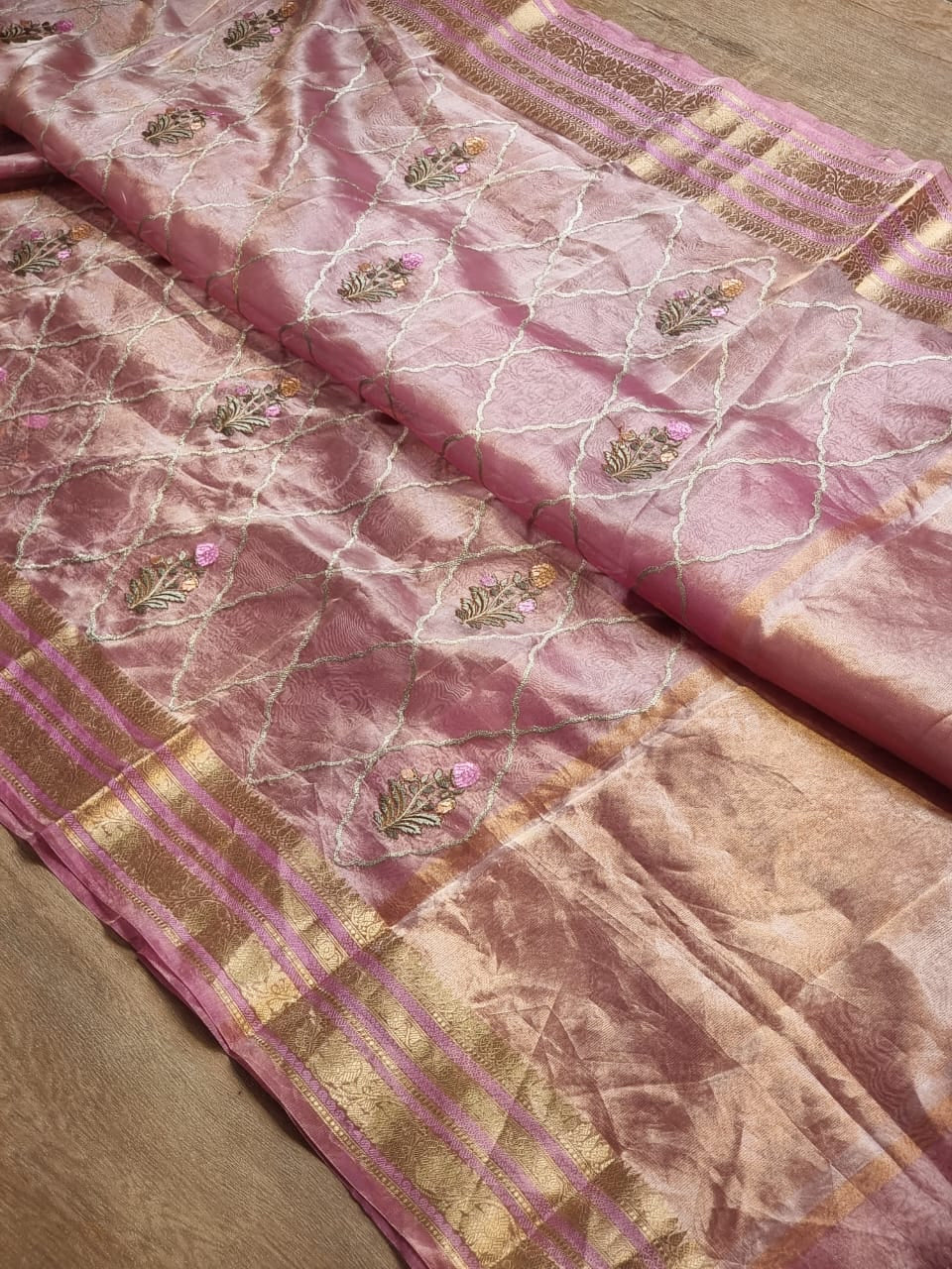 Pink silk organza tissue beautiful Banarsi sarees