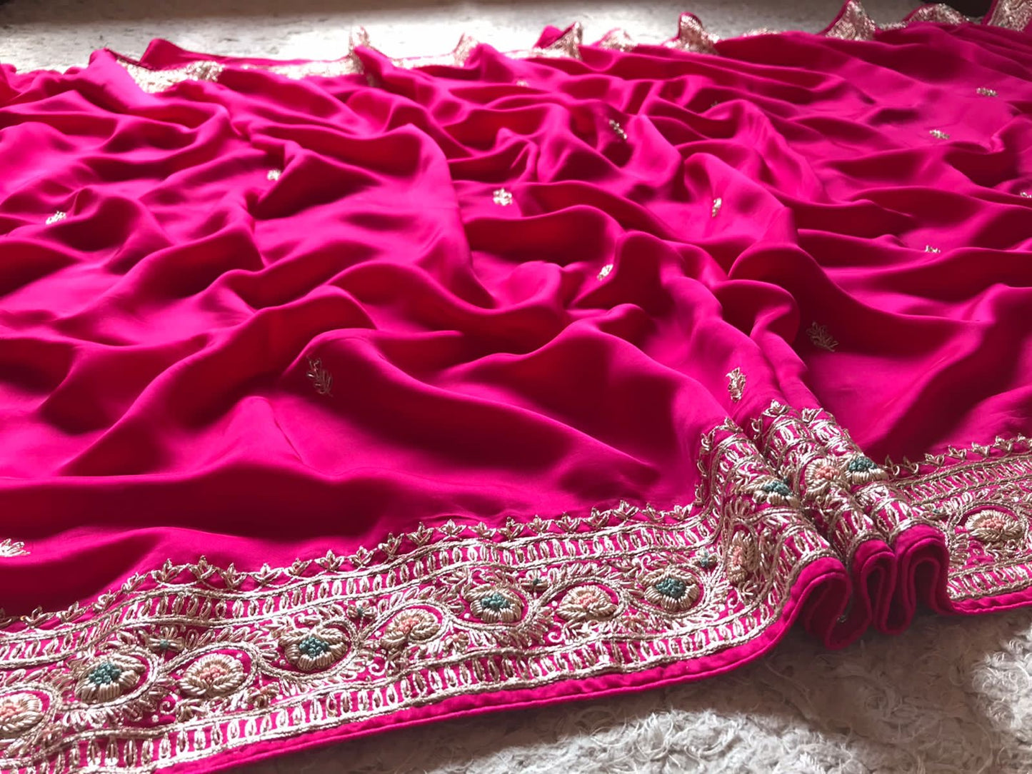 Pink premium satin silk embroidered sarees