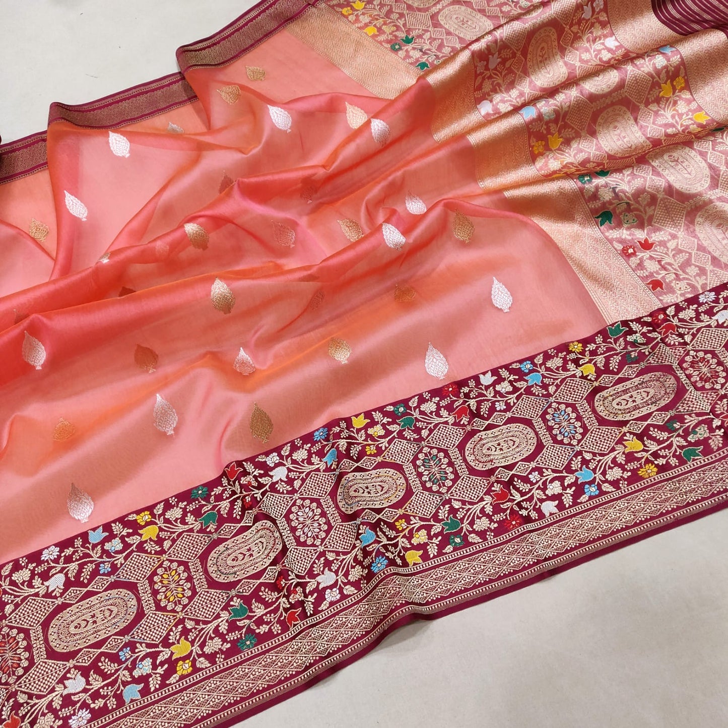Peach kora saree handwoven sarees Indian sari blouse wedding saree