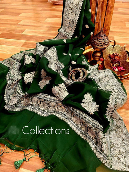 Green handwoven saree Banarsi saree kadwa sari blouse