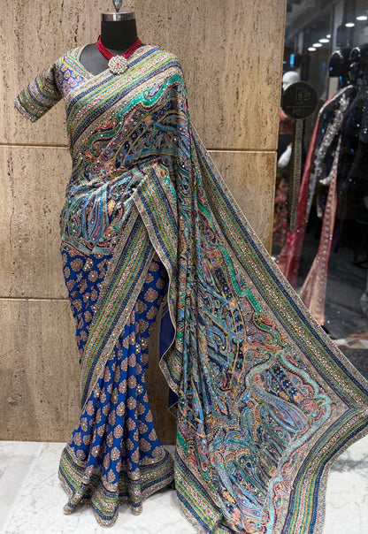Ajrakh crepe saree Chinon sarees Partywear sari with stitched blouse