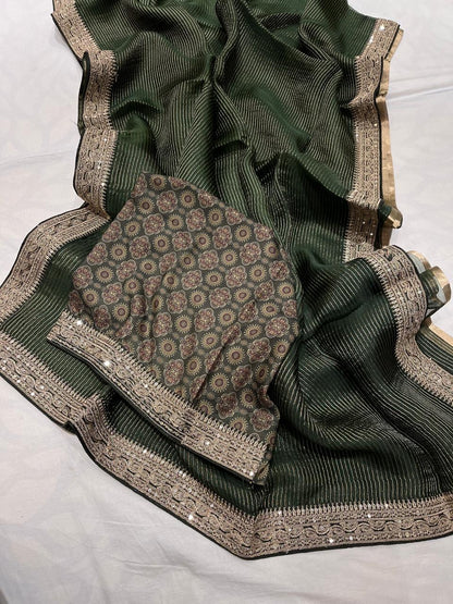 Ajrakh inspired Organza saree Striped Saree Partywear Sari