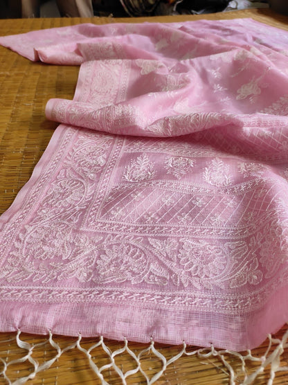 Tussar Chikankari Embroidery Kora Silk Saree