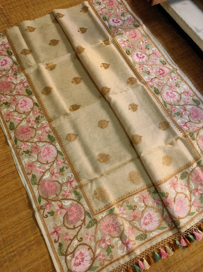 Floral Tissue Silk Embroidery Saree Indian Sari