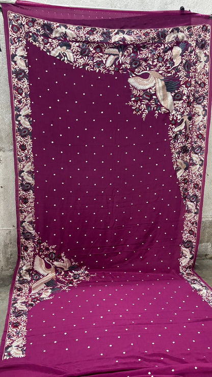 Crepe Parsi saree handmade Parsi Gara sari blouse
