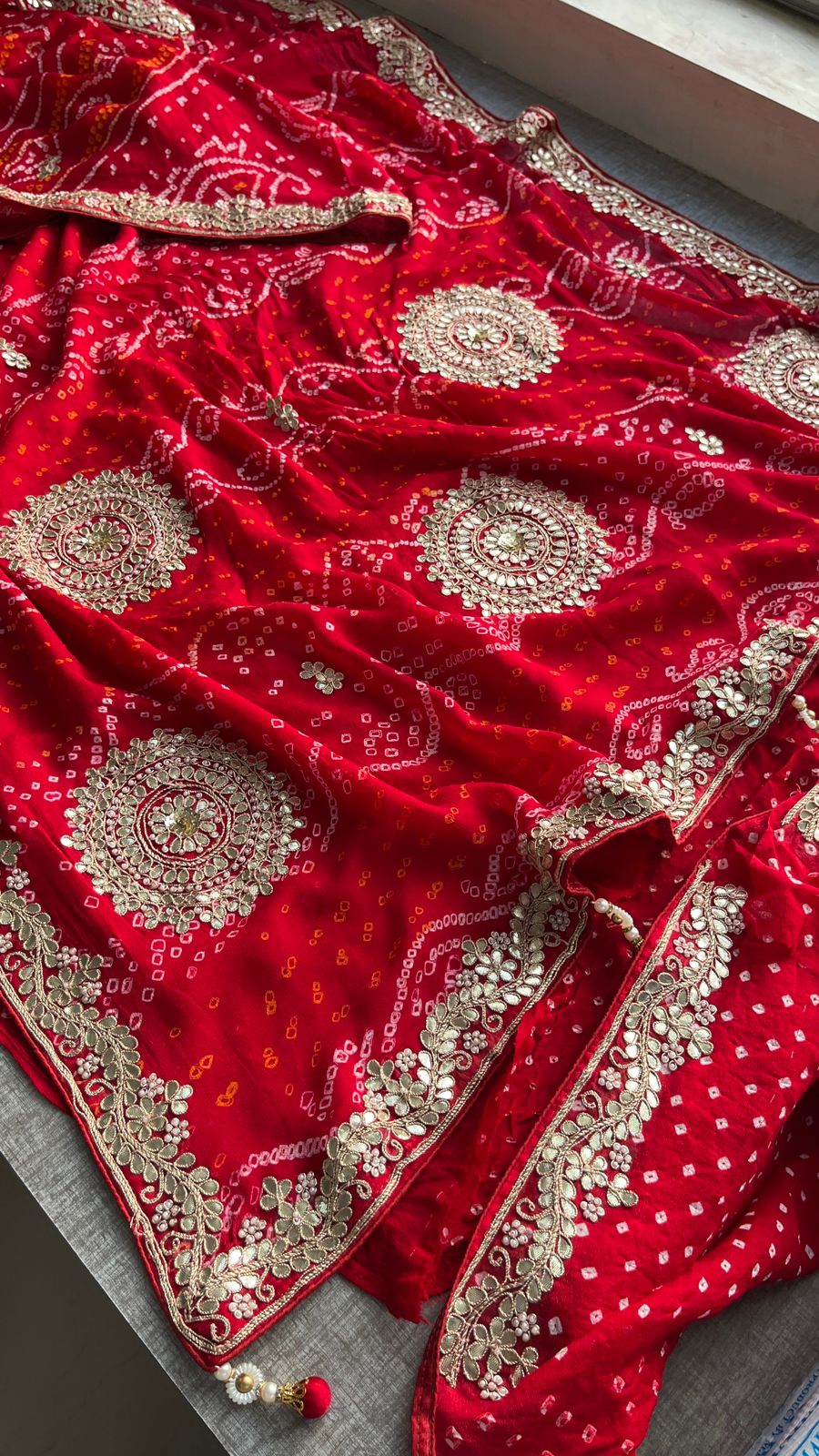 Bridal crepe bandhej saree zardosi sarees blouse