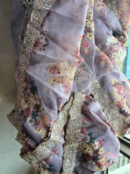 Lavender saree floral saree organza saree Partywear sari blouse